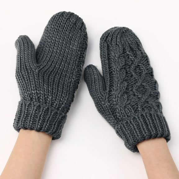 Women's Diamond Pattern Knit Mittens, Plush Lined Thermal Winter Gloves, Embossed Cable Knit Mittens, Thickened Cold Weather Gloves, All-Weather Protection Mittens Dark Gray