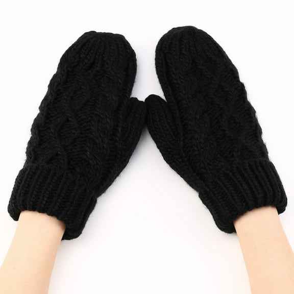 Women's Diamond Pattern Knit Mittens, Plush Lined Thermal Winter Gloves, Embossed Cable Knit Mittens, Thickened Cold Weather Gloves, All-Weather Protection Mittens Black