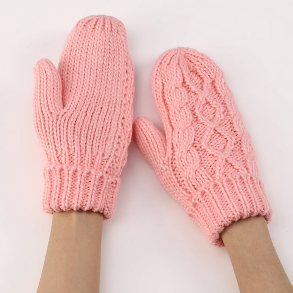 Women's Diamond Pattern Knit Mittens, Plush Lined Thermal Winter Gloves, Embossed Cable Knit Mittens, Thickened Cold Weather Gloves, All-Weather Protection Mittens Pink