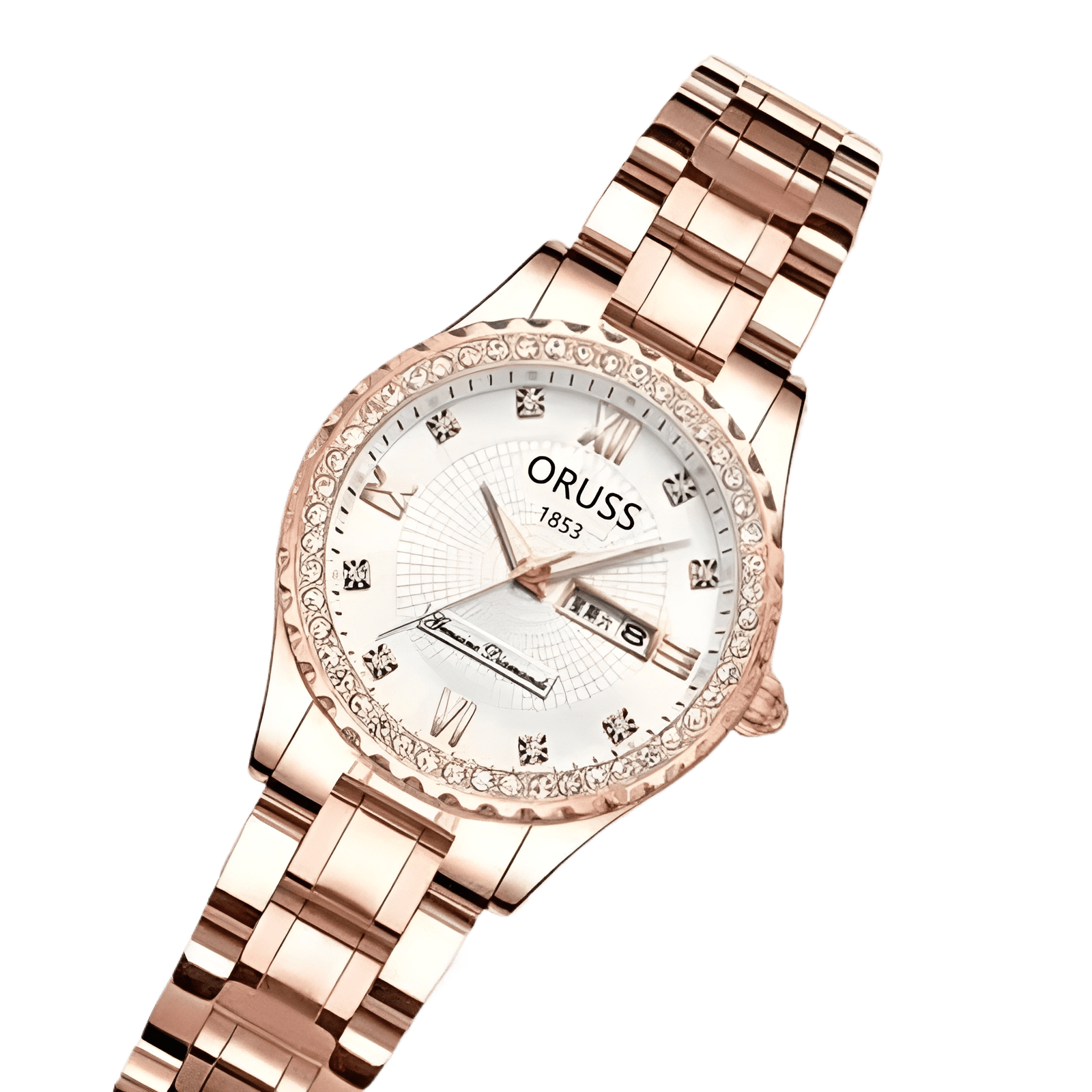 Women's Diamond Quartz Watch, Date Day Display, Luminous, Stainless Steel Band, Luxury Wristwatch