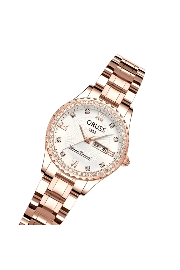 Women's Diamond Quartz Watch, Date Day Display, Luminous, Stainless Steel Band, Luxury Wristwatch