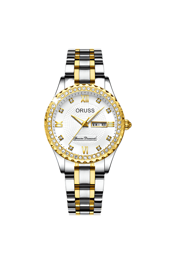 Women's Diamond Quartz Watch, Date Day Display, Luminous, Stainless Steel Band, Luxury Wristwatch