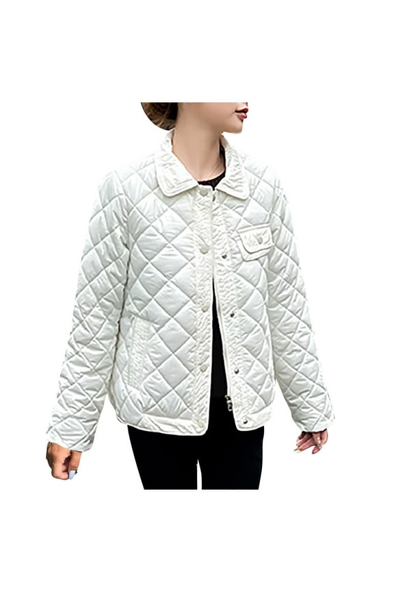 Women's Diamond Quilted Jacket Laple Full Zip Button Down Long Sleeve Puffer Jackets with Pockets Warm Lounge Vintage Plain Loose Coats 2025 Winter Y2K Outerwear