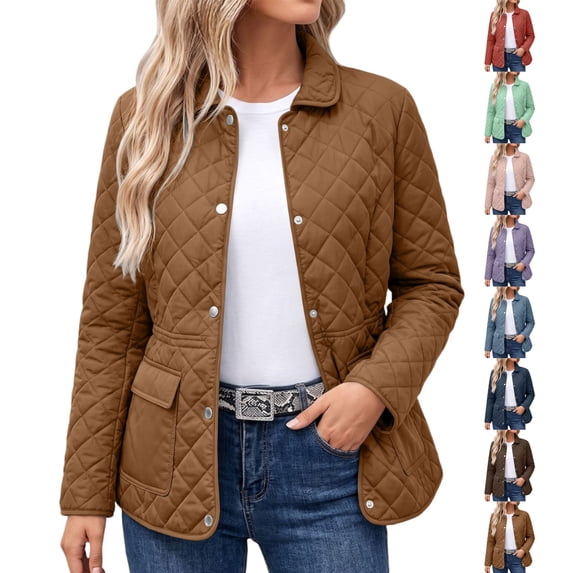 Women's Diamond Quilted Jacket,Snap Button Collar Lightweight Winter Coat with Pockets for Outdoor & Commute Wear