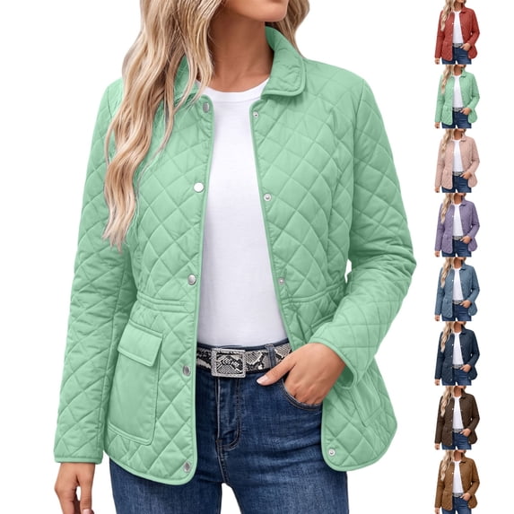 Women's Diamond Quilted Jacket,Snap Button Collar Lightweight Winter Coat with Pockets for Outdoor & Commute Wear