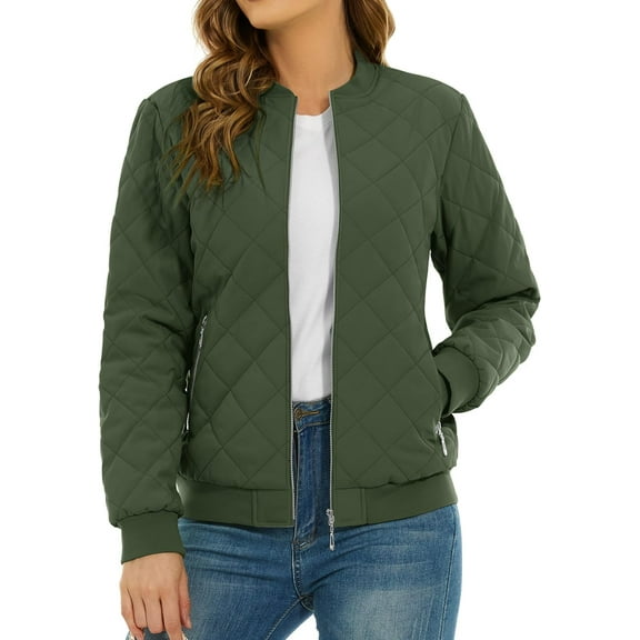 Women's Diamond Quilted Jackets Lightweight Full Zip Up Winter Coats Casual Bomber Jacket with Pockets