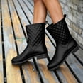 thumbnail image 1 of Women's Diamond Quilted Mid Calf Slip On Rain Boots Low Chunky Heel Waterproof Neutral Solid Tones for City Rainy Commutes Weekend Street Outfits Black 39, 1 of 7
