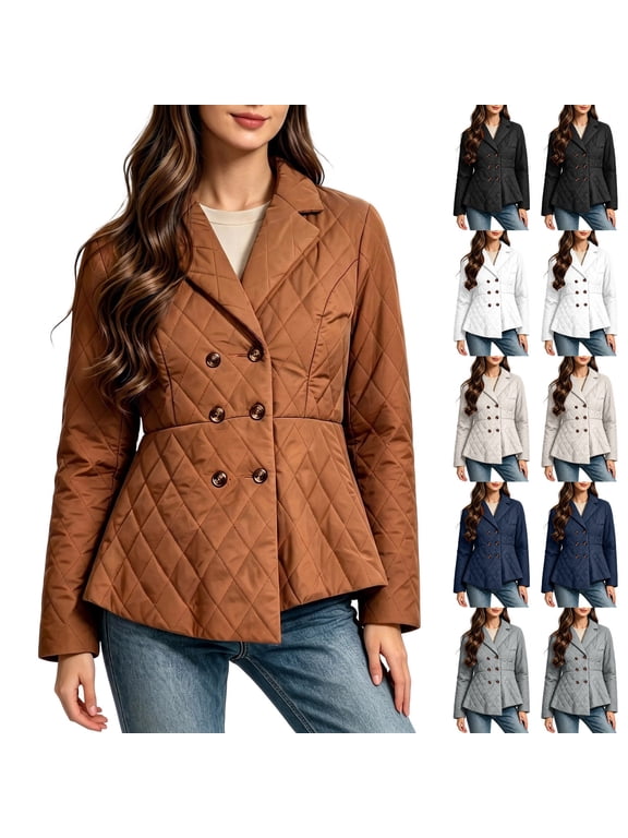 Women's Diamond Quilted Peplum Puffer Jacket Notched Lapel Double Breasted Button Dressy Casual Elegant Fall Winter Lightweight Warm Outerwear Slim Fit White