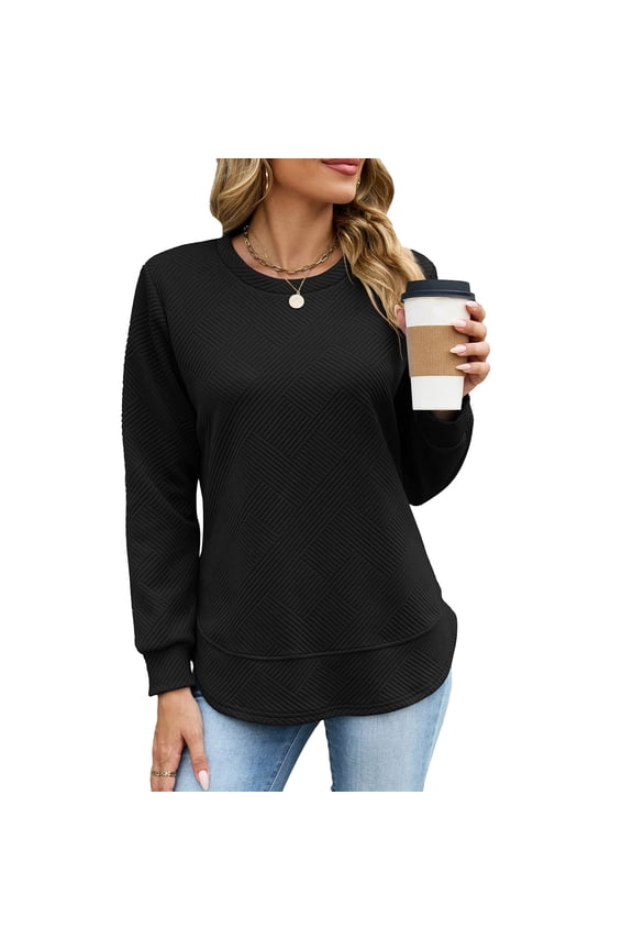 Women's Diamond Quilted Textured Long Sleeve Shirts Loose Crew Neck Fall Winter Plain Tops