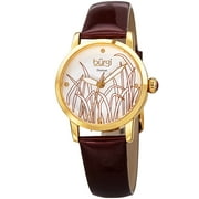 Womens Diamond Reed Design Dial Gold-Tone/Burgundy Leather Strap Watch