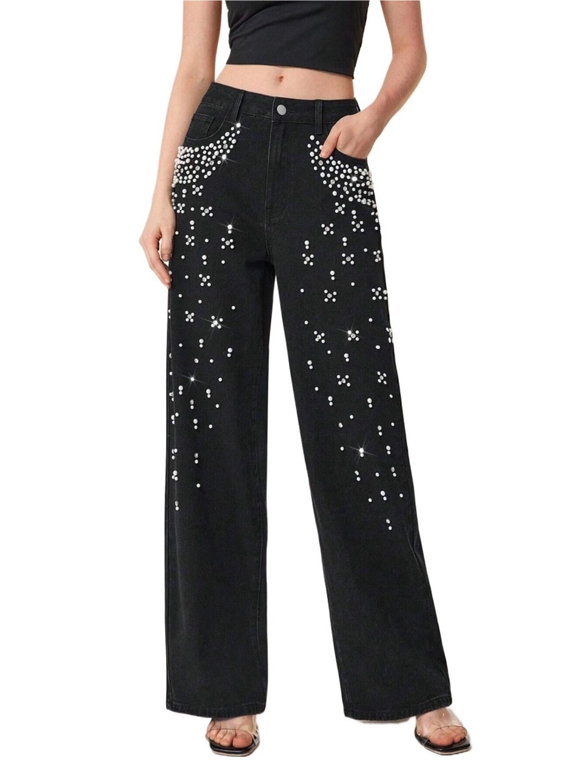 Bling Mid Blue Straight Leg Stretch Diamante Jean – Looking Good