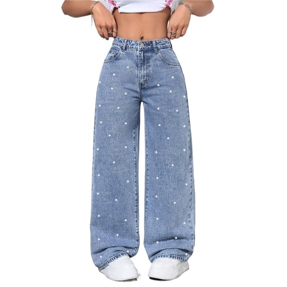 Women's Diamond Rhinestone Jeans High Waist Straight Wide Leg Stretchy Bling Denim Pants