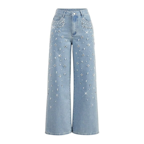 Women's Diamond Rhinestone Jeans High Waist Straight Wide Leg Stretchy Bling Denim Pants