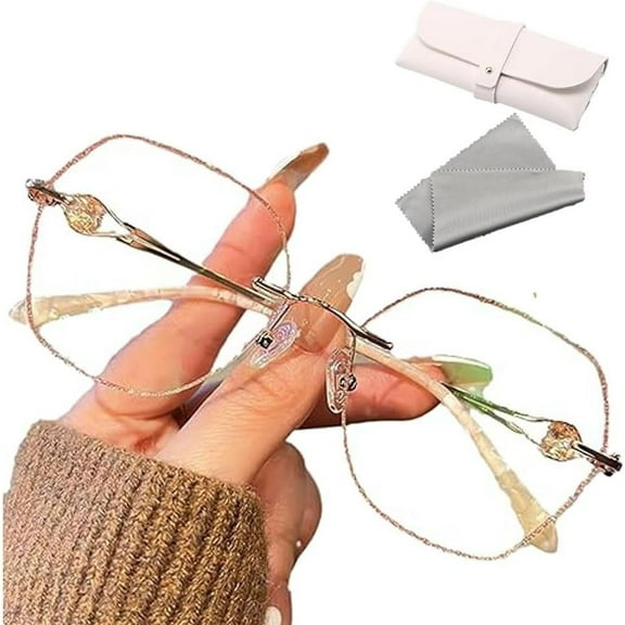 Women's Diamond Rimless Anti-Blue Light Presbyopia Glasses, Ultra Light Frameless Rhinestone Reading Glasses for Women (3.5X,Gold)