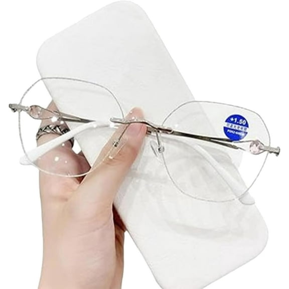 Women's Diamond Rimless Anti-Blue Light Presbyopia Glasses, Ultra Light Frameless Rhinestone Reading Glasses