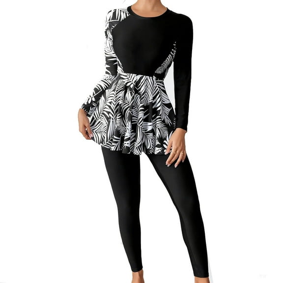 Women's Digital Print Long Sleeve Rash Guard & Leggings Set UPF 50 Full Coverage Surfing Suit Athletic Two Piece Swimwear for Water Sports