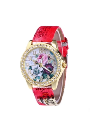 Women's Digital Quartz Watch Faux Leather Wristwatch Gold Edge Diamonds Flower Printed Caseback