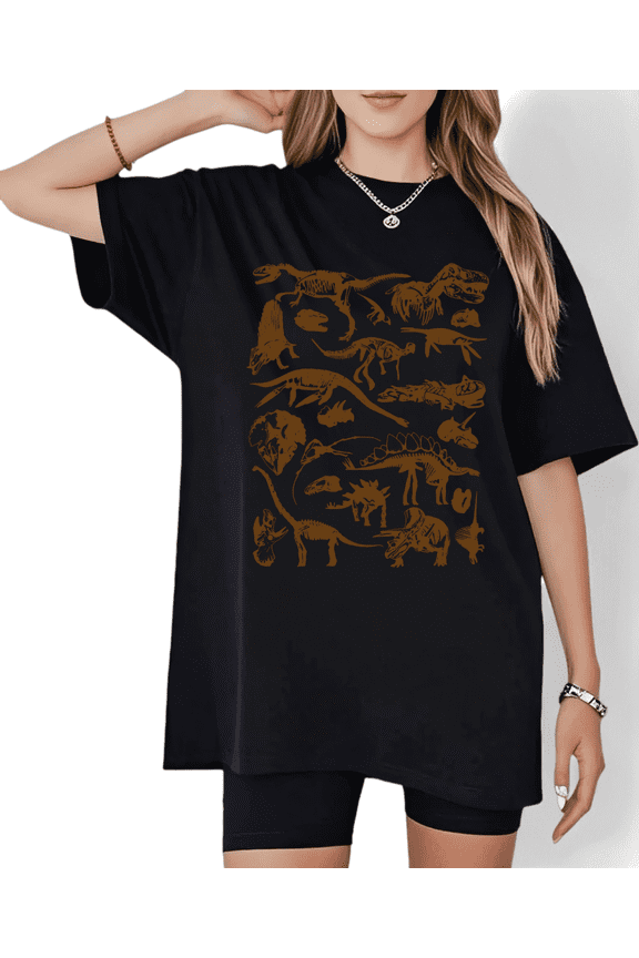 Women's Dinosaur Skeleton Collage Graphic T Shirt Casual Comfortable Short Sleeve Round Neck Top Black S-5XL