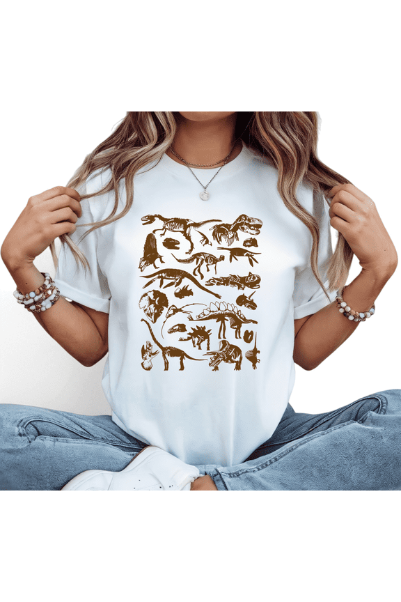 White Print T-shirt Vintage Dinosaur Fossil Graphic Tees Fun Paleontology Shirts Comfortable Weekend Hangout Tops S-5XL