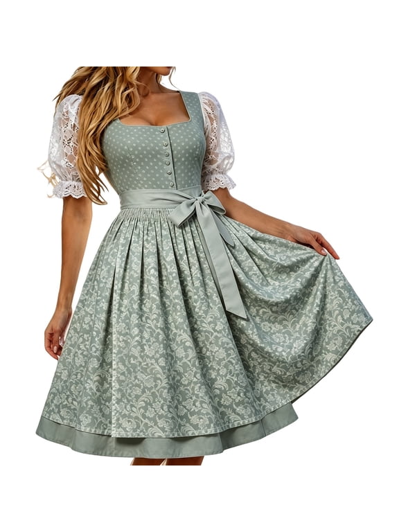 Women's Dirndl Dress, Light Green Oktoberfest with Lace Puff Sleeves and Apron Bow