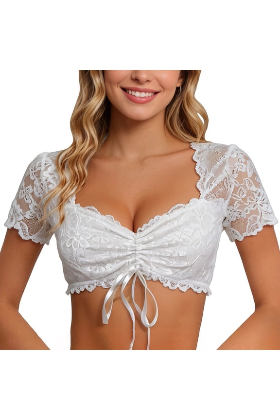 Women's Dirndl Tops Square Neck Floral Lace Crop To with Drawstring Breathable Short Sleeve Summer Blouse Going Out Party White 2XL