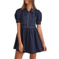 thumbnail image 1 of Women's Dirty Blue Zipped Bodice Collared Mini Denim Dress with Puff Sleeves | [ZhiHiMeRi] | (US 12-14)L, 1 of 12