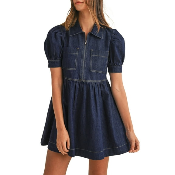 Women's Dirty Blue Zipped Bodice Collared Mini Denim Dress with Puff Sleeves | [ZhiHiMeRi] | (US 12-14)L