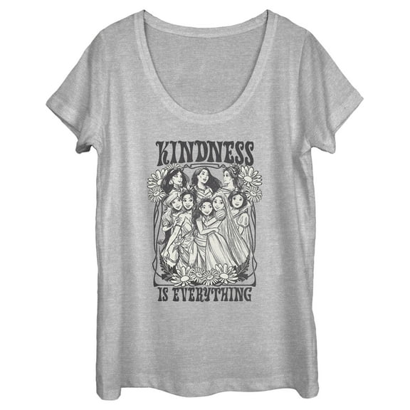 Women's Disney Black and White Princesses Kindness is Everything  Scoop Neck Athletic Heather Large