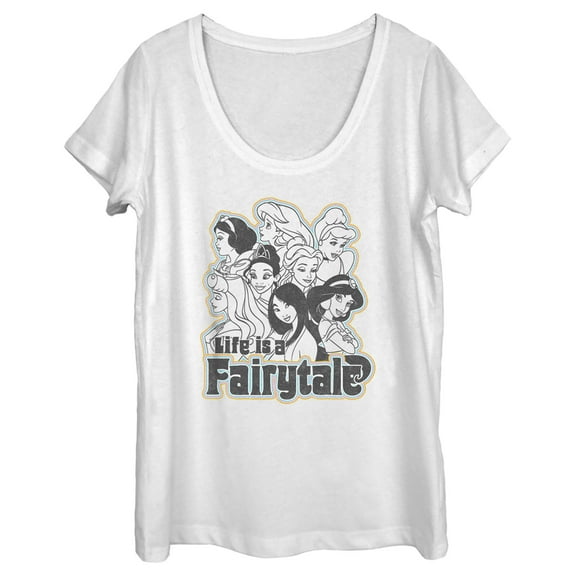 Women's Disney Black and White Princesses Life is a Fairytale  Scoop Neck White Medium
