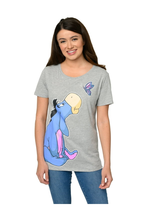 Women's Disney Eeyore T-Shirt Butterfly Short Sleeve Gray Winnie The Pooh
