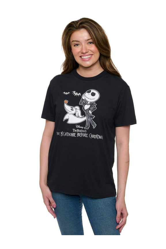 Women's Disney Jack Skellington and Zero Short Sleeve T-Shirt Foil Details Black