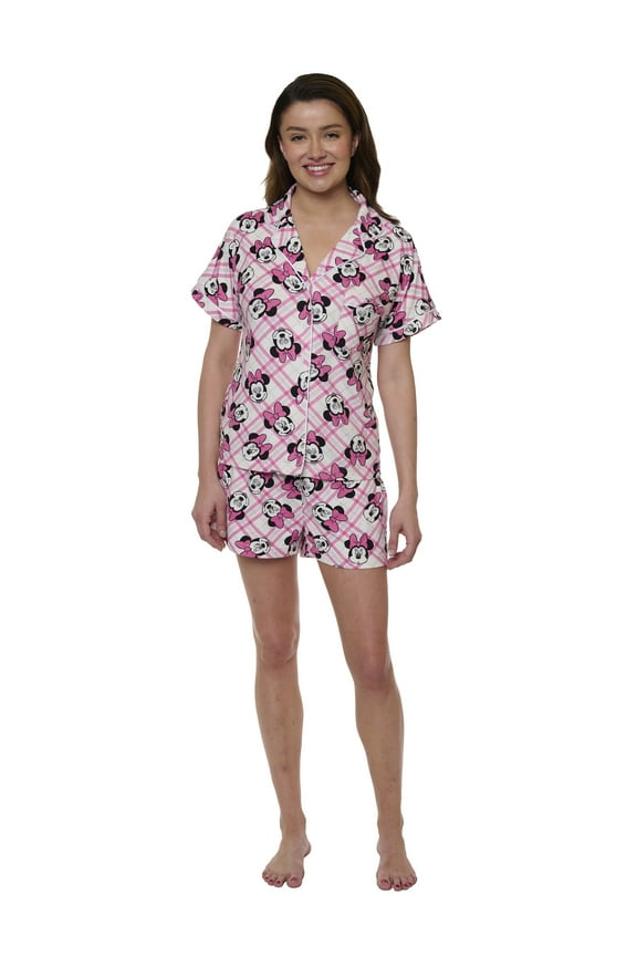 Women's Disney Minnie Mouse 2-Piece Pajama Set Button Shirt Shorts Super Soft