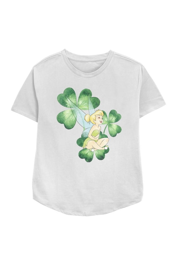 Women's Disney Peter Pan St. Patrick's Day Tinkerbell Shamrocks Distressed Graphic T-Shirt