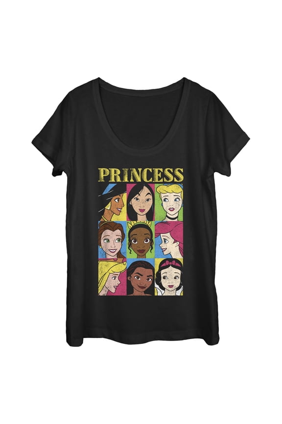 Women's Disney Princess Distressed Close-Up Poster Scoop Neck Black Medium