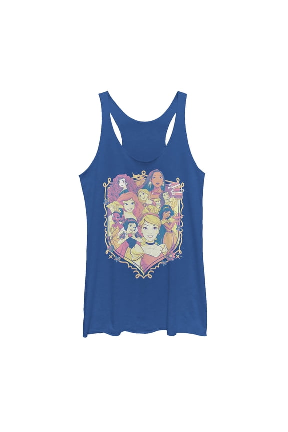 Women's Disney Princesses Collage Emblem Racerback Tank Top Royal Blue Heather Medium