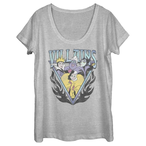 Women's Disney Villains Distressed Flames Logo Scoop Neck Athletic Heather Large