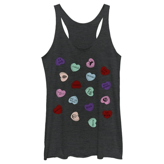 Women's Disney Villains Valentine's Day Candy Hearts Racerback Tank Top Black Heather X Small
