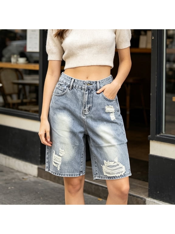 Women's Distressed Baggy Denim Bermuda Shorts, Straight Leg Five Quarter Ripped Jeans with Reinforced Knees, Soft Comfort Waistband Cropped Denim Trousers for Cycling Leisure Spring Autumn Blue L