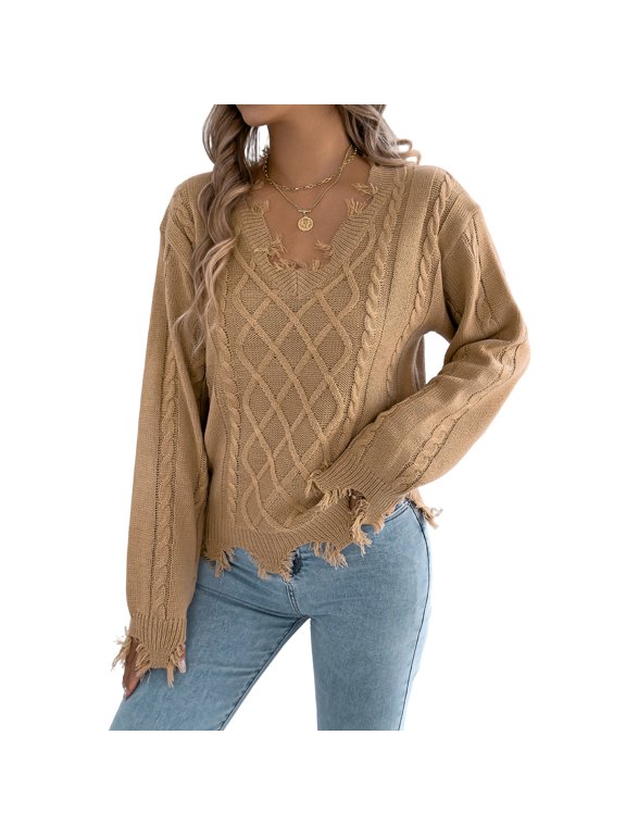 Women's Distressed Cable Knit Sweater, V Neck Long Sleeve Diamond Pattern Pullover Jumper for Casual Fall Winter Wear