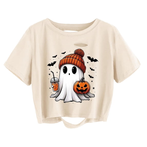 Women's Distressed Crop Tee Halloween Ghost Pumpkin Fall Matching Top
