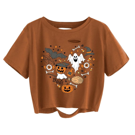 Women's Distressed Crop Tee Halloween Ghost Pumpkin Fall Matching Top