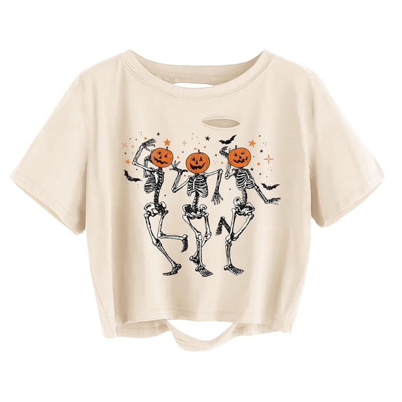 Women's Distressed Crop Tee Halloween Ghost Pumpkin Fall Matching Top