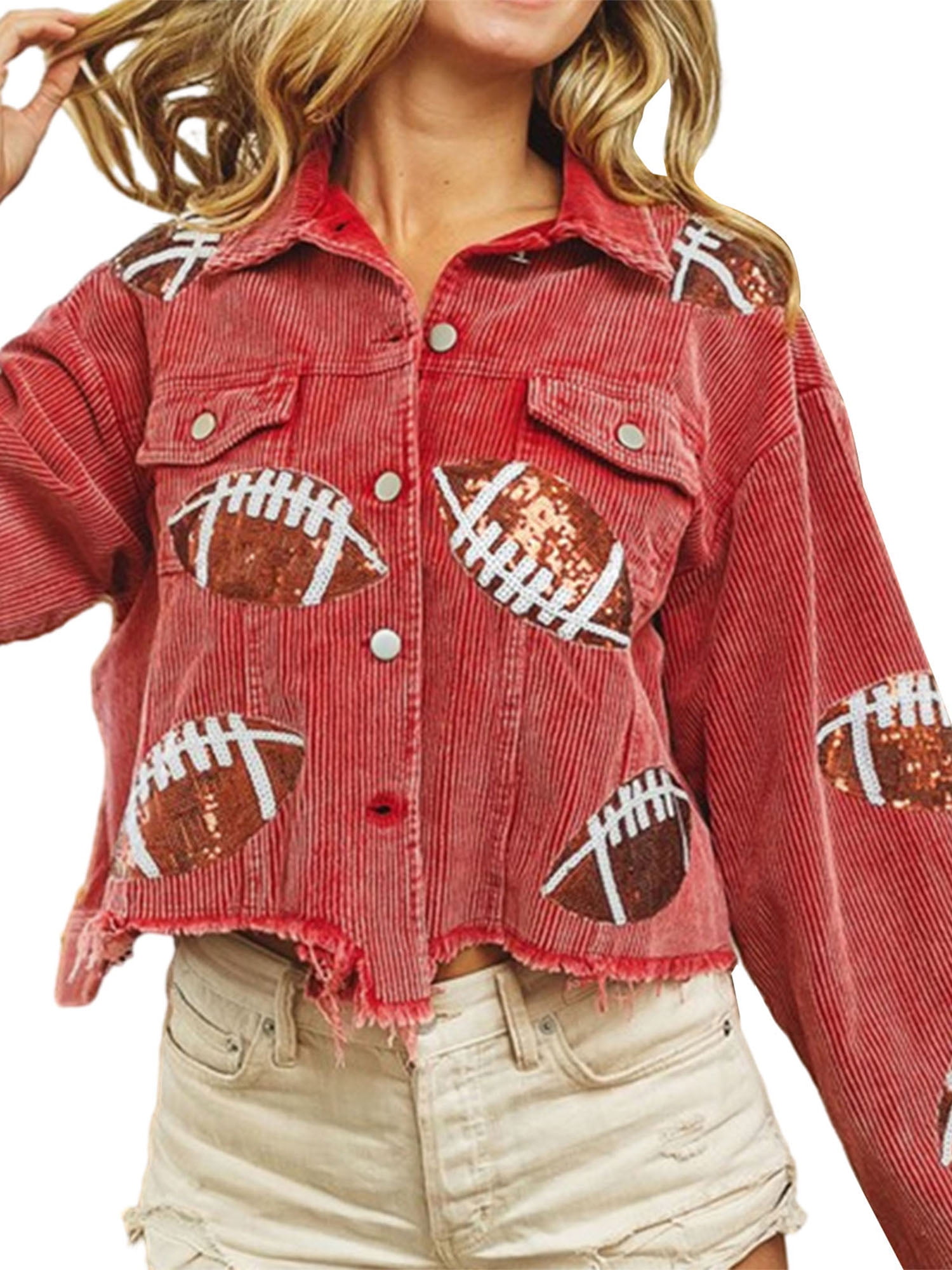 Women's Distressed Cropped Corduroy Jacket Button Down Vintage Football