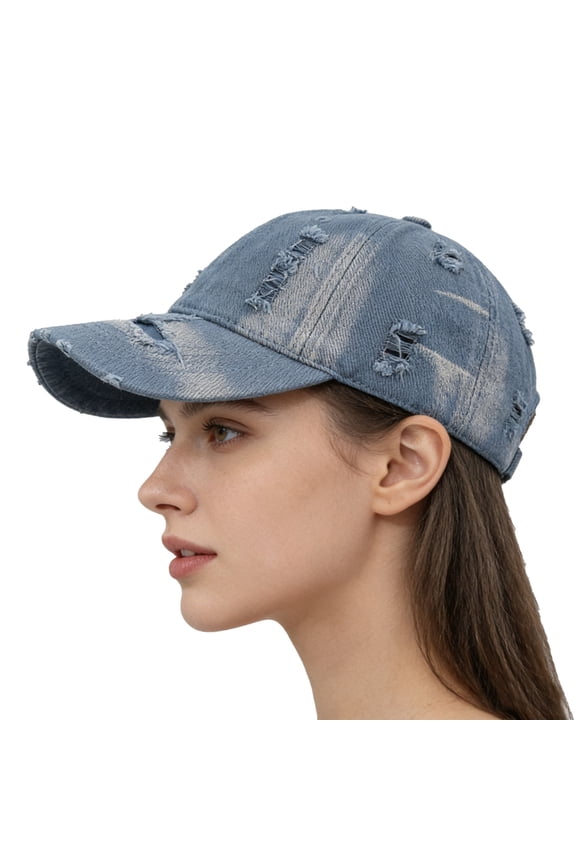 Women's Distressed Denim Baseball Cap, Washable Cotton Cap, Trendy American Style Dad Hat for Women, Y2K Fashion Casual Daily Wear Outdoor Cap Light Blue
