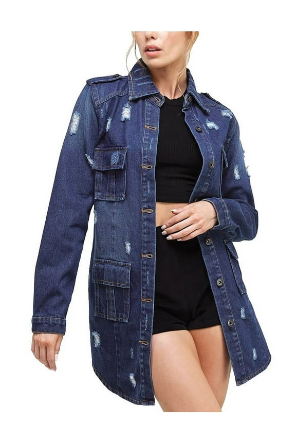 Women's Distressed Denim Cotton Button Up Long Military Utility Jean Jacket (Dark Blue, S)