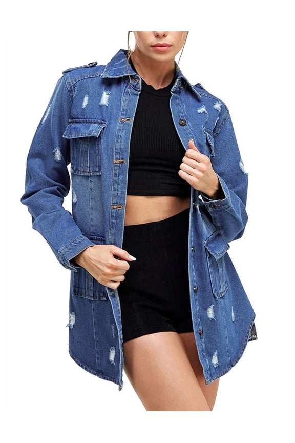Women's Distressed Denim Cotton Button Up Long Military Utility Jean Jacket (Medium Blue, S)