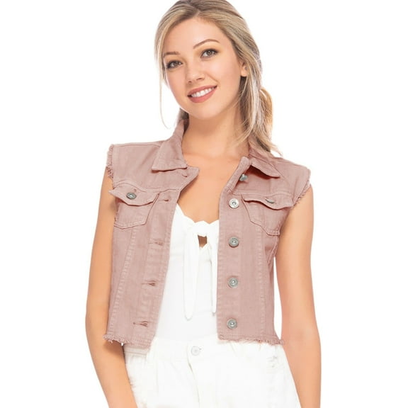 Women's Distressed Denim Crop Vest - Medium, Dark Pink