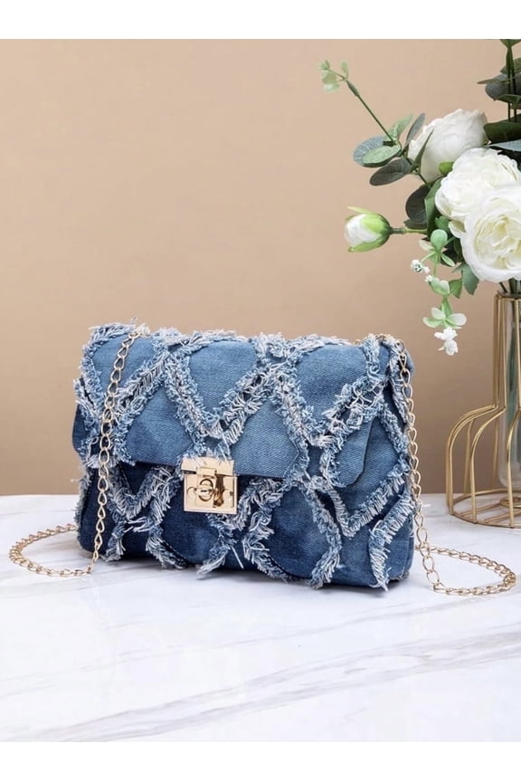Women's Distressed Denim Crossbody Bag Twist Lock Quilted Handbag Mini Jean Purse with Chain Strap