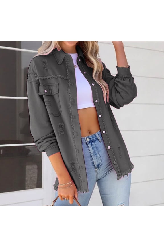 Women's Distressed Denim Jacket With Burrs And Holes Button Front Loose Fit Long Sleeve Casual