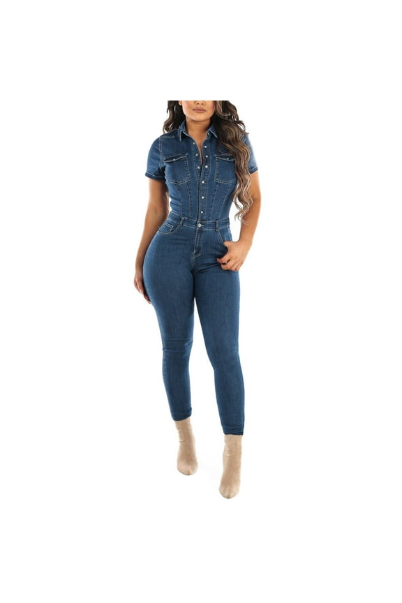 Women's Distressed Denim Jumpsuit - Button Closure, Ripped Fringed Leg, Polyester, Casual/Summer Wear